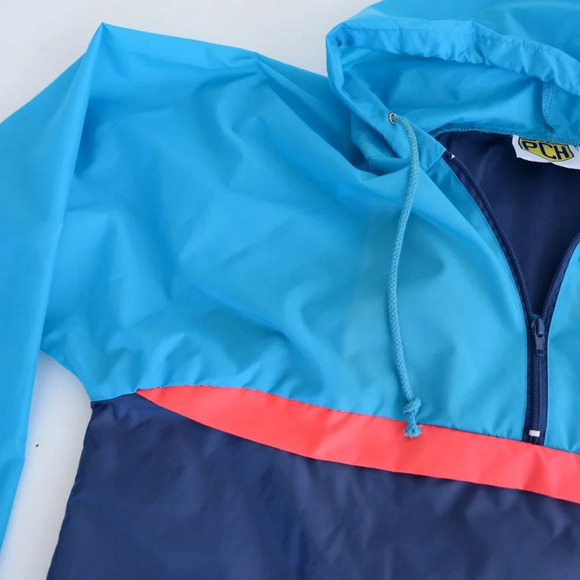 Vintage Pch Teal Navy Waterproof Nylon Hooded Half Zip Windbreaker Jacket G/L - Picture 8 of 10